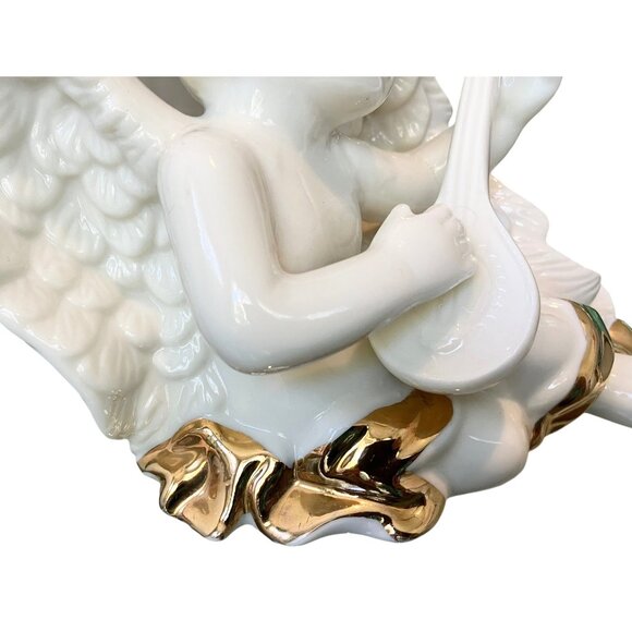 VTG Porcelain White Cherub Angel 24K Gold Sash Playing Harp Sculpture/ Figurine - Picture 4 of 14